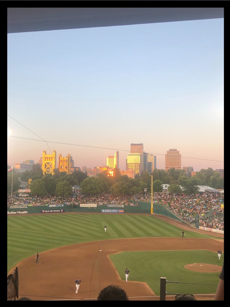 A photo of Raley Field in Sacramento at sunset.