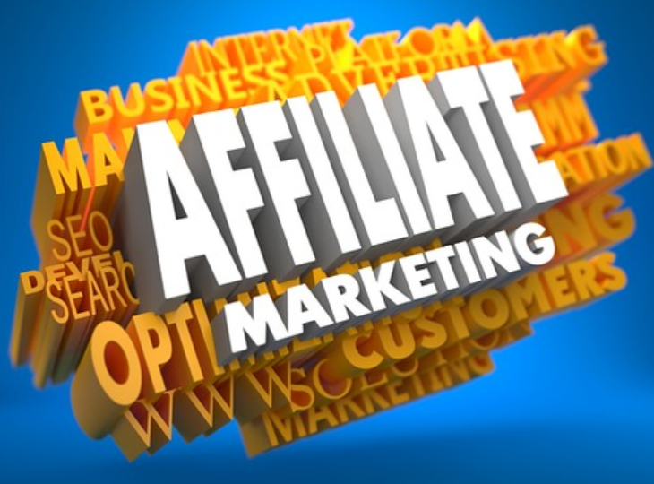 Blue and yellow image with white words saying affiliate marketing 