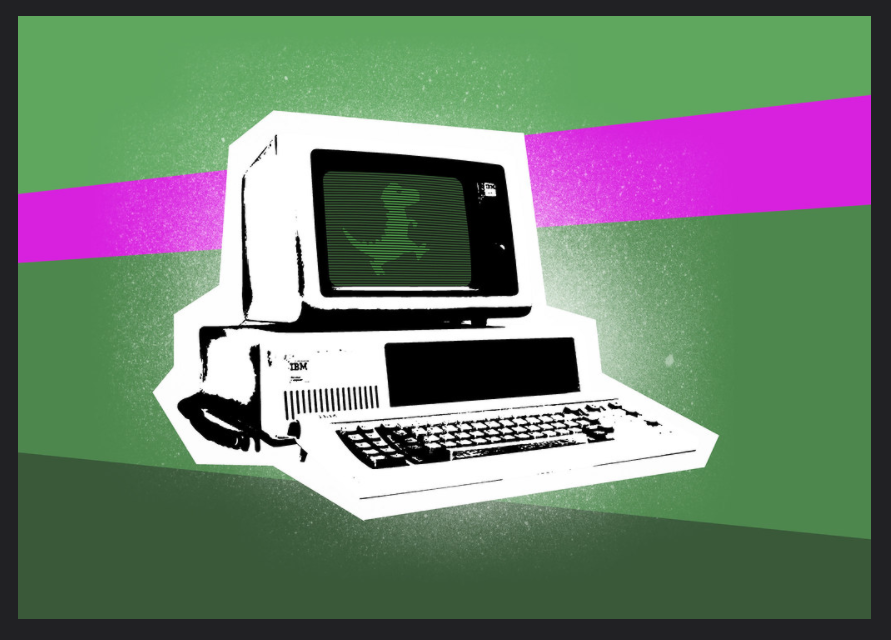 Green and pink background with a computer screen image with a dinosaur on the screen. 