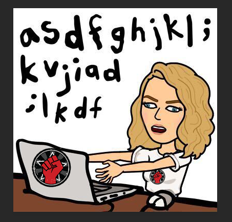 A blonde woman bitmoji getting angry at a laptop. 